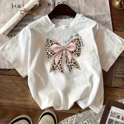 TEMU Women's Casual Leopard Print Bow T-shirt - Soft White Short Sleeve Top With Pink Accents, Machine Washable, Fit Image