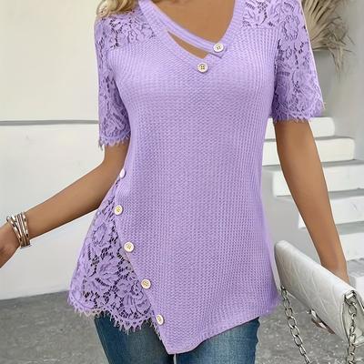TEMU Women's Elegant Contrast Lace Trim V-neck Top - Soft Lavender A-line Longline Beach Shirt, Breathable Short Sleeve Casual Vacation Wear, Machine Washable, Ladies Beach Wear Image