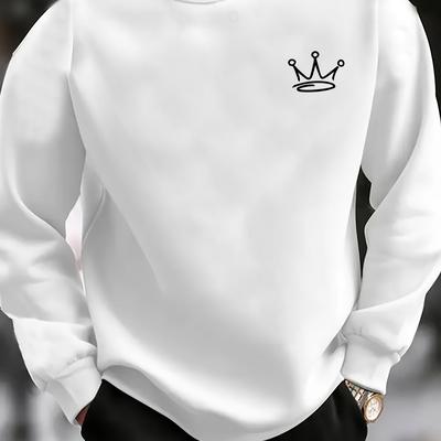 TEMU Men's Casual Crown Print Crewneck Sweatshirt - Soft Polyester , Stretchy & Machine Washable, White With Graphic, Long Sleeve, Relaxed Fit For Sports & Image