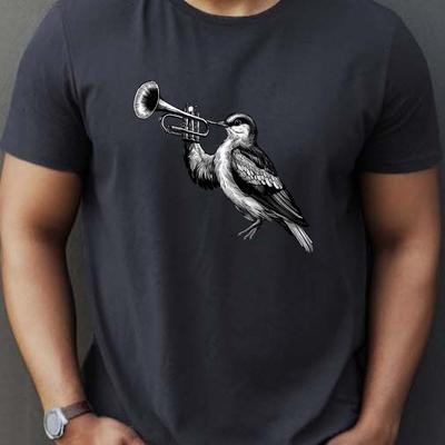 TEMU Men's Casual Crew Neck T-shirt With Bird Trumpet Print, 100% Polyester Knit Fabric, Stretch, Regular Fit, Geometric Pattern, Summer Short Sleeve Tee - 150gsm Image