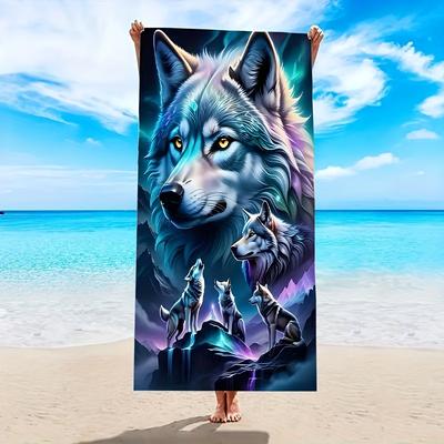 TEMU 1pc Extra Large Wolf Pack Beach Towel - Vibrant Animal-themed Design With Wolves & , Quick-dry, Soft Polyester Fabric, Sunshakes, Yoga, Swimming, Running, And Beach , Beach Towels For Travel Image