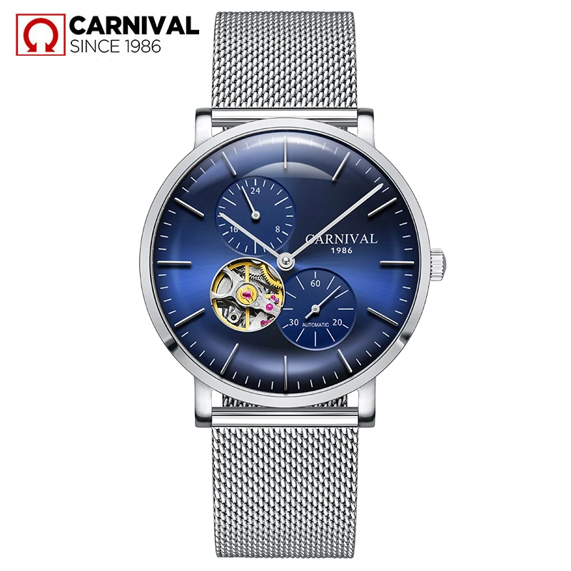 Carnival Marke Mechanische Uhr männer Edelstahl Mesh-Armband Wasserdicht Saphir Kristall Skeleton Automatische Uhren für Männer Image