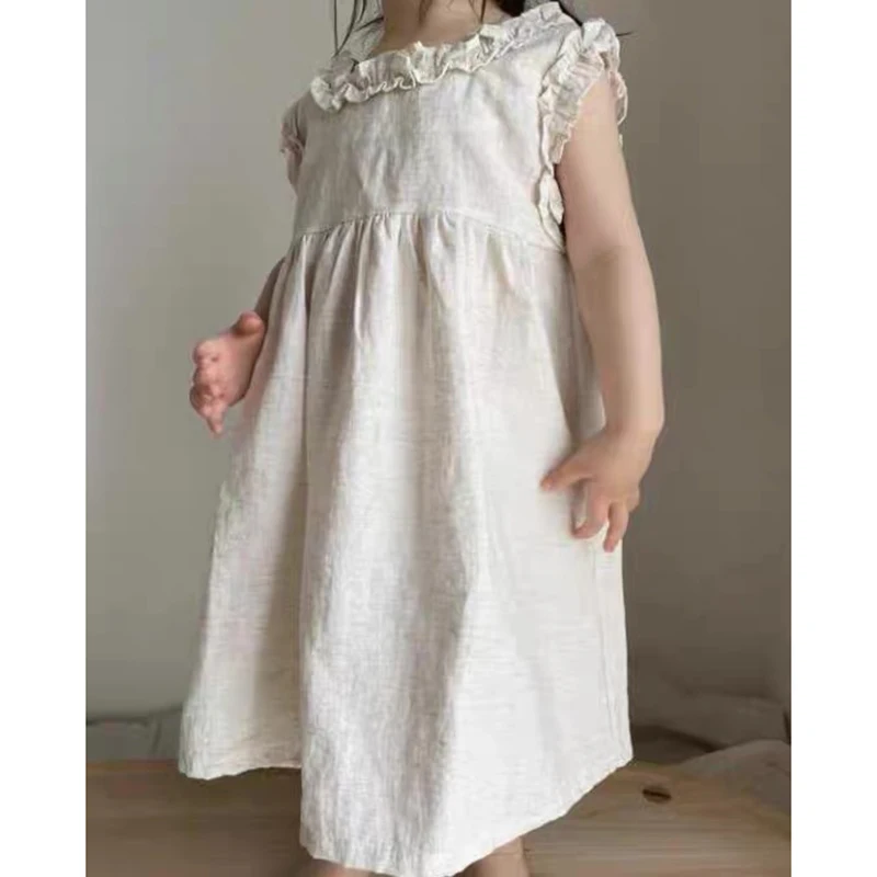 1-6Yrs Solide Leinen Baumwolle Rüschen Ärmel Kinder Kleider Sommer Prinzessin Party Kleid Kleinkind Mädchen A-Linie Sommerkleid Baby Mädchen Kleid Image