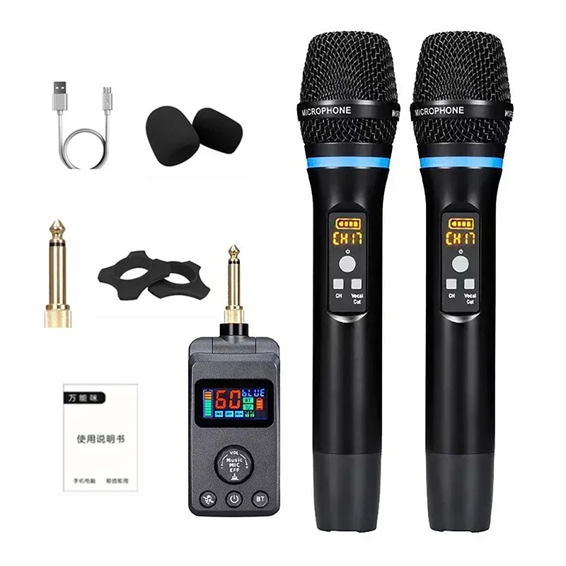 UHF Dual Wireless Dynamisches Karaoke-Mikrofonsystem, wiederaufladbarer Anti-Hulling-Empfänger, Plug-Play-Mikrofonset, integriertes Lithium Image
