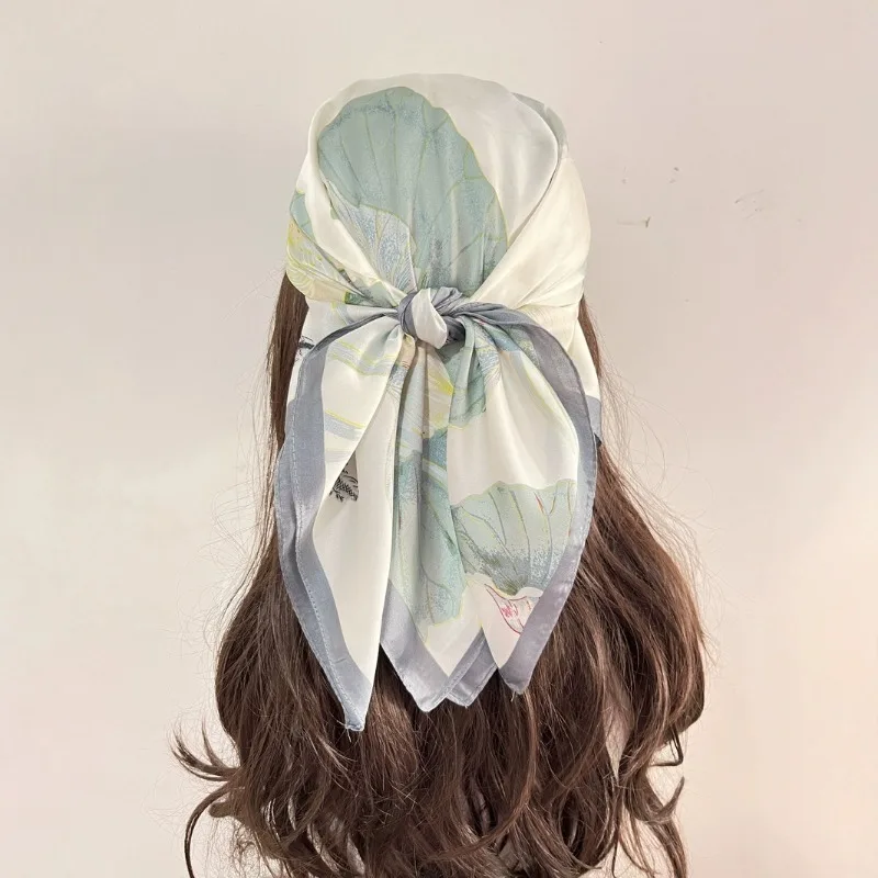 70 cm frischer Lotus-Seidenschal für Damen, Kunstseide, frischer und eleganter bedruckter Schal, dünner Schal für Frühling, Sommer und Herbst