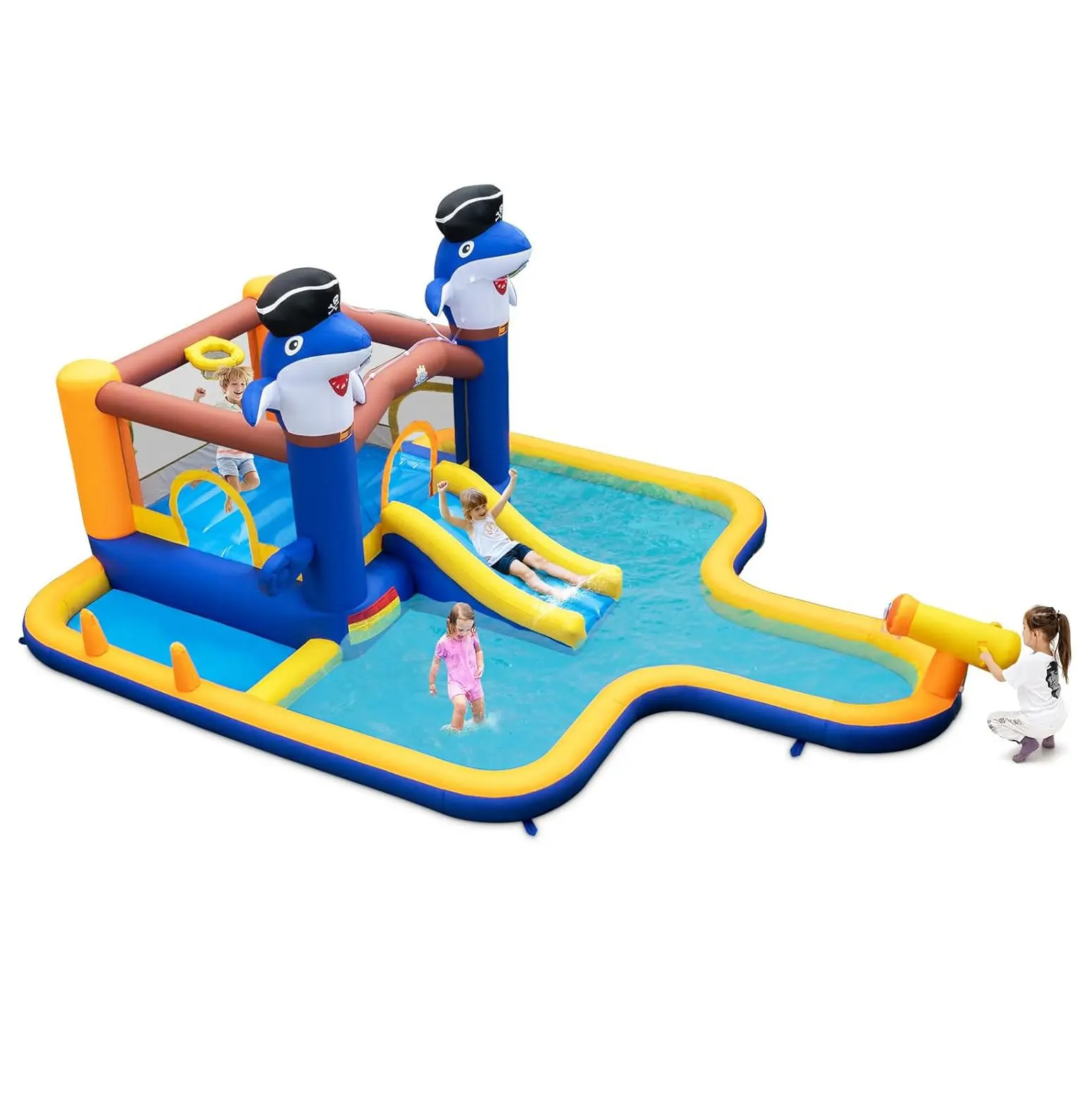 Hüpfburg mit Trocken-/Wasser rutsche, Spring bereich, Plans ch becken, Basketball korb & Box spiel, für Kinder, x x cm Image