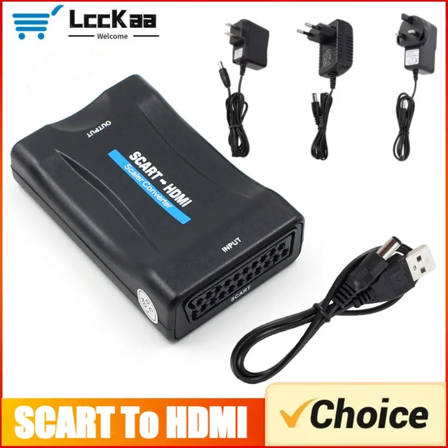 SCART Zu HDMI-kompatibel 1080P Video Audio Gehobenen Konverter Adapter mit USB Kabel für Sky Box STB Plug und spielen DC Kabel Image