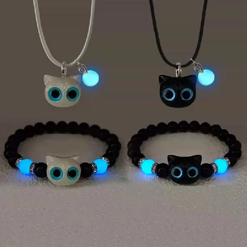 Braccialetti per coppie abbinati luminosi Collana per donna Uomo Gatto Nero Bianco Braccialetti con testa di gatto Glow In The Dark Regalo di amicizia
