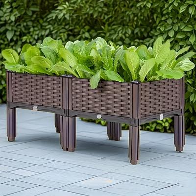 TEMU Multifunctional Elevated Double Planter, Durable Plastic Material, Flower Pot And Box Set For Patio, Garden, Terrace, Rectangular Garden Bed With Removable Legs Image