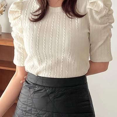 TEMU Elegant Women's Striped T-shirt With Ruffle Sleeves, Polyester, Round Neck, Quilted Detail, Spring/summer/ Image