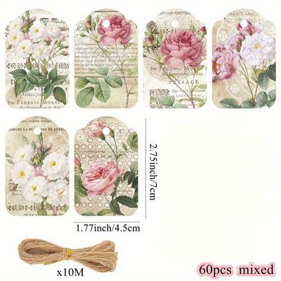 TEMU 60pcs Vintage Floral Hanging Tags - Rose & Peony Antique Lace Paper Labels With English Text For Wedding Birthday Party Decor, Diy Gift Wrapping, Scrapbooking (pink/white/green), Wedding Gifts Image