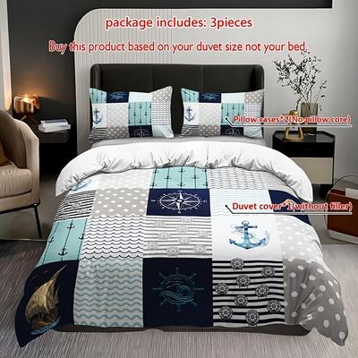 TEMU 2/3pcs Nautical Color Block Anchor Turtle Compass Duvet Cover Set With 1 Duvet Cover + 1/2 Pillowcases Without Pillow Inserts, 4 Home Dorm High-definition Print Image