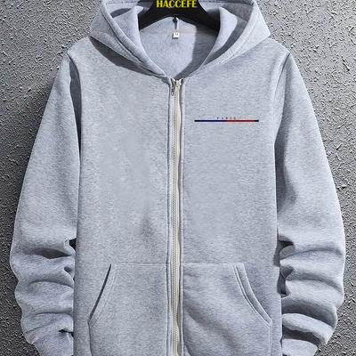 TEMU Men's Trendy Gray Hooded Jacket With Full Zipper - Paris Letter Sweatshirt, Machine Washable, Fit, Casual Outerwear | Jacket | Fashionable Casualwear Image