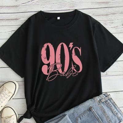 TEMU Plus Size Women's Printed Round Neck Short Sleeve T-shirt With Ribbed Hem Image