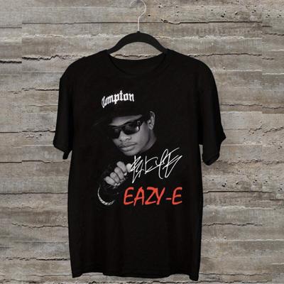 TEMU Rapper Eazy-e Graphic Cotton T-shirt - Black Unisex Regular Fit Hip-hop Streetwear With Iconic Portrait & Logo Print, All Sizes , Hand Wash Only Image