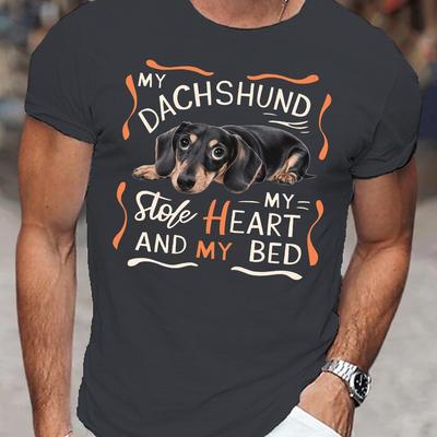 TEMU Cartoon Lovely Dachshund Print Men's Crew Neck Casual Short Sleeve, Breathable Comfortable T-shirt For Image
