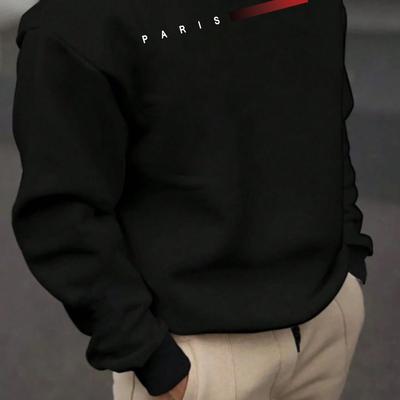 TEMU Men's Casual Long Sleeve Hoodie With Paris Graphic Print & - Black Round Neck Regular Fit Sweatshirt, Hand Washable, Sweater Hoodie, Everyday Apparel Image