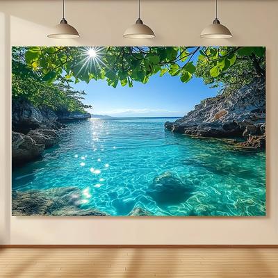 TEMU 1pc Wall Mural - Turquoise Water & Greenery Print For Decor, Weddings, Photoshoots, And Gifts - Polyester Material, Ideal For Anniversaries, Graduations, Baptisms, And More Image