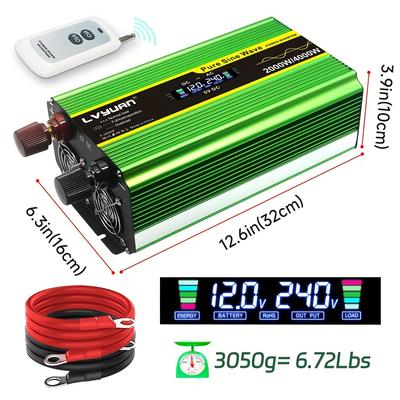 TEMU Lvyuan High Power Converter 1000w/2000w/4000w Pure Sine Wave Converter, 12v To Ac 230v/240v, With Lcd Display, 3 Uk Sockets, 4 Usb And Convenient Remote Control, Suitable For Home And Outdoor Use Image