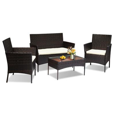 TEMU 4pcs Garden Furniture Set With Tempered Glass Top And Seat Cushion （black/brown） Image