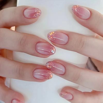 TEMU 24pcs Short Almond Shape Press-on Nails - Pink Gradient Glossy Fake Nails With Jelly Glue & Nail File, Reusable False Nails For Easy Manicure, Beauty Accessories, Highquality Pressons Image