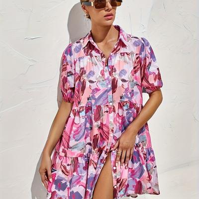 TEMU Women's A-line Dress With Abstract Print - Short Sleeve Button-front Blouse, Machine Washable, Versatile Wear For Casual & Formal Occasions, Nontransparent Fabric Image
