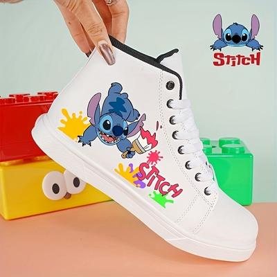TEMU Stitch Cartoon Sneakers - White High-top Casual Shoes With Lace-up, Round Toe, Eva Sole, Microfiber Upper, Comfortable For Daily & Casual Wear, Sneakers||laceup Sneakers Image