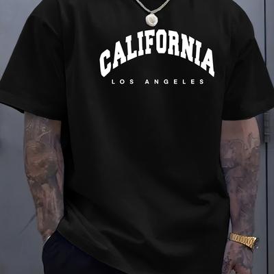 TEMU California Los Angeles Graphic T-shirt For Men - Casual Summer Crew Neck Tee - 100% Polyester Knit Fabric With Stretch - Rib-knit Detail - Regular Fit Adult Alphabet Print Shirt Image