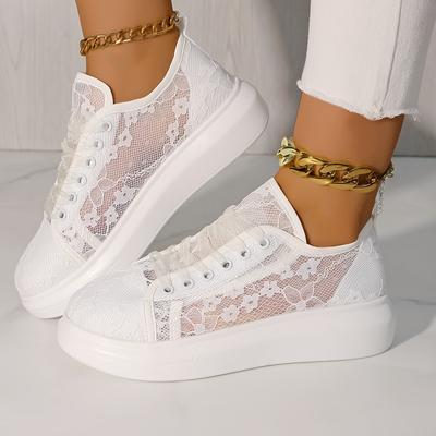 TEMU 1 Pair Women' Floral Lace-up Sneakers - Sole, Breathable Fabric Upper, Round Toe Design For Walking, Travel & Casual - Comfortable Fashion Shoes, Elegant Image