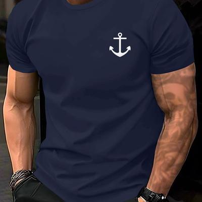 TEMU Men's Summer Casual Anchor Print Short Sleeve T-shirt - Light Blue, Round Neck, Stretch Fabric, Regular Fit, Nautical Theme, Casual Summer Wear|round Neck Tshirt|stylish Summerwear Image