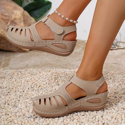 TEMU 1 Pair Women's Flat Sandals With Thick Rubber Sole, High Heel Round Toe Slip-on Casual Shoes, Comfortable Sandals For Women, Solid , Hand Wash Or Image
