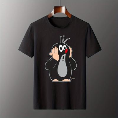 TEMU Men's 100% Cotton Casual Graphic T-shirt With Little Mole & Hand Gesture Print - Black Round Neck Regular Fit Tee For , Machine Washable Top, Cartoon Design Shirt, Nontransparent Fabric Image
