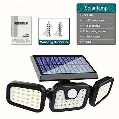 TEMU 1pc, Solar Outdoor Light With Remote Control, Ip65 3-head Motion Sensor Led Wall Lamp, Wide Angle Floodlight, 3 For Patio, Garden, Shed, Garage - Includes Mounting Hardware Image