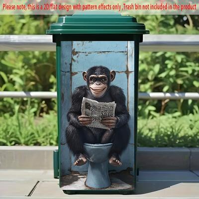 TEMU 1pc 2d/flat Trash Can Sticker, 14.57*32.28inch, Funny Chimpanzee Reading Newspaper Design, Humor-themed Trash Bin Sticker, And Bin Decoration For Kitchen And Home Image