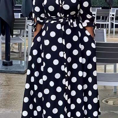 TEMU Elegant Plus Size Polka Dot Shirt Dress With Belt - Long Sleeve, Non-stretch Polyester, Machine Washable - Spring/summer/fall Image