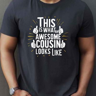 TEMU Awesome Cousin Graphic Tee For Men - Casual Short Sleeve T-shirt, Breathable Polyester, Crew Neck, Machine Washable, Summer Essential Image