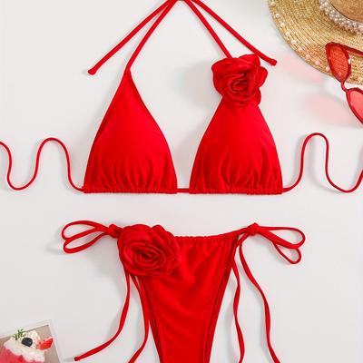 TEMU New Solid Flower Transfer Bikini Women's Swimsuit With Adjustable Tie Strap For Gathering European And Image