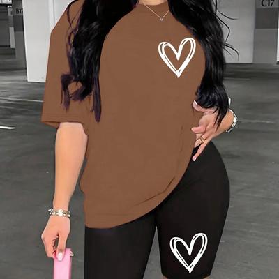 TEMU Creative Personality Love Pattern Printing Ladies Fashion Pants Suit, Spring And Summer Casual Round Neck T-shirt & Sports Shorts Two-piece Suit, Women's Clothing Image