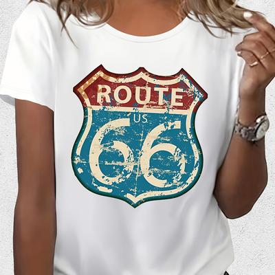 TEMU Women's Vintage Graphic T-shirt - Distressed Retro Print Short Sleeve Top, Breathable Summer Casual Tee With Round Neck, Machine Washable Regular Fit, Ladies T Shirts Image