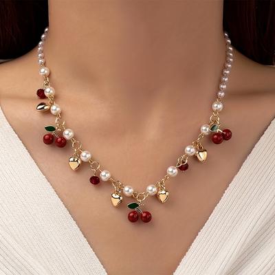 TEMU 's Alloy Enamel Cherry Pie Heart-shaped Necklace European High Pearl Personality Wear Image