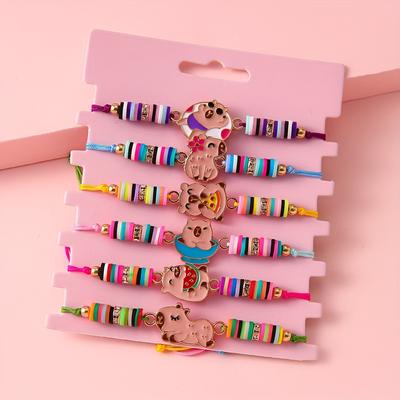 TEMU 6pcs Cute Acrylic And Nylon Friendship Bracelet Set With Pendants And Mosaic Design - , Daughters, Granddaughters, And Party Gifts Image