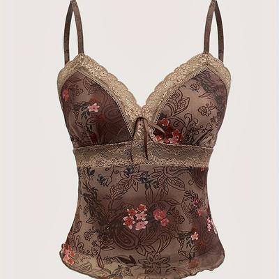 TEMU Elegant Floral Lace-trim V-neck Cami Top For Women - Brown Floral Print With Lace Detailing, High Stretch, Machine Washable, Spring/summer/fall Fashion, Lace Trim Image