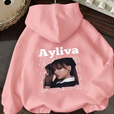 "TEMU Women's Casual Graphic Print Hoodie - Drawstring Sweatshirt With "alyvia" Design & Portrait Illustration, Machine Washable, Beige, Fall & Winter" Image