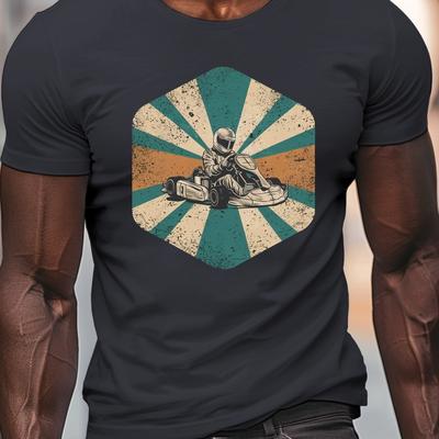 TEMU Vintage Hexagon Go Kart Driver Print, Men's Round Crew Neck Short Sleeve Tee, Casual T-shirt Casual Comfy Lightweight Top For Summer Image