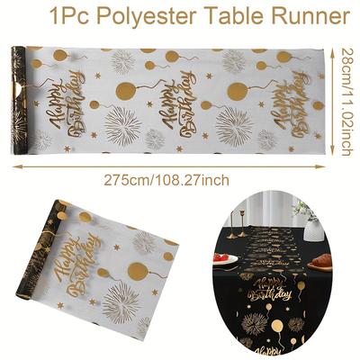 TEMU 1pc,black Golden Happy Birthday Table Runner,28*275cm,fireworks Balloon Hot Stamping Mesh Dining Table Flag,adults Birthday Party Supplies,1st Birthday Party Table Ornament,birthday Table Decor Image