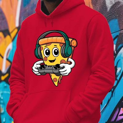 TEMU Men's Casual Pizza Gaming Print Hoodie, Polyester Knit Fabric, Long Sleeve, Hooded, Stretch, Regular Fit, For Fall/winter Image