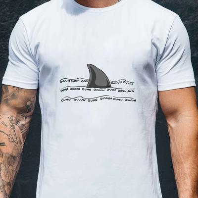 "TEMU Slogans Men's Shark Graphic T-shirt - "you Push Button" Print, Breathable Stretch Fabric, Regular Fit Casual Short Sleeve Tee For Summer Outdoor Activities, Medium Elasticity Shirt" Image