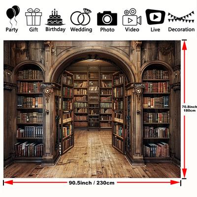 TEMU Vintage Library Photo Backdrop - Polyester, 39×59in .8×90.5in Sizes, Wooden Floors & Bookshelves Design, Weddings, Birthdays, Christmas, Home & Garden Decor Image