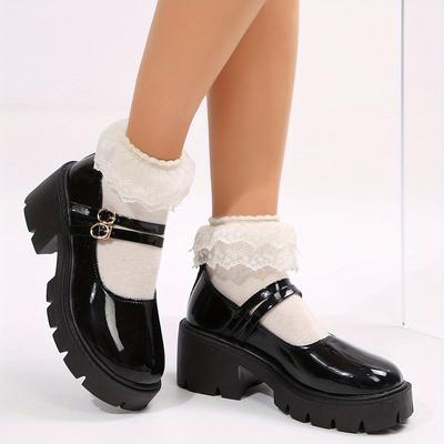 TEMU Women's Platform Shoes | Synthetic Cover & Fabric Lining | Non-slip Rubber Sole | Round Toe With Closure | Durable & Comfortable | Stylish Low- | Versatile Black & White | Ideal For Casual Wea Image