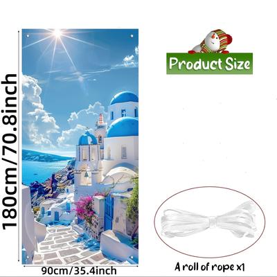 TEMU 2d Door Banner, 1pc Seaside View Door Cover - Vibrant Polyester Backdrop With Greek Island Scenery, No Electricity Required, Birthdays, Festivals, Home Decor & Party Banners, Beach Theme Decor Image